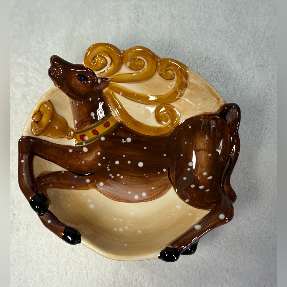 Dario Farrucci Handpainted Holiday Winter Reindeer Serving Bowl 6” Ceramic Dish